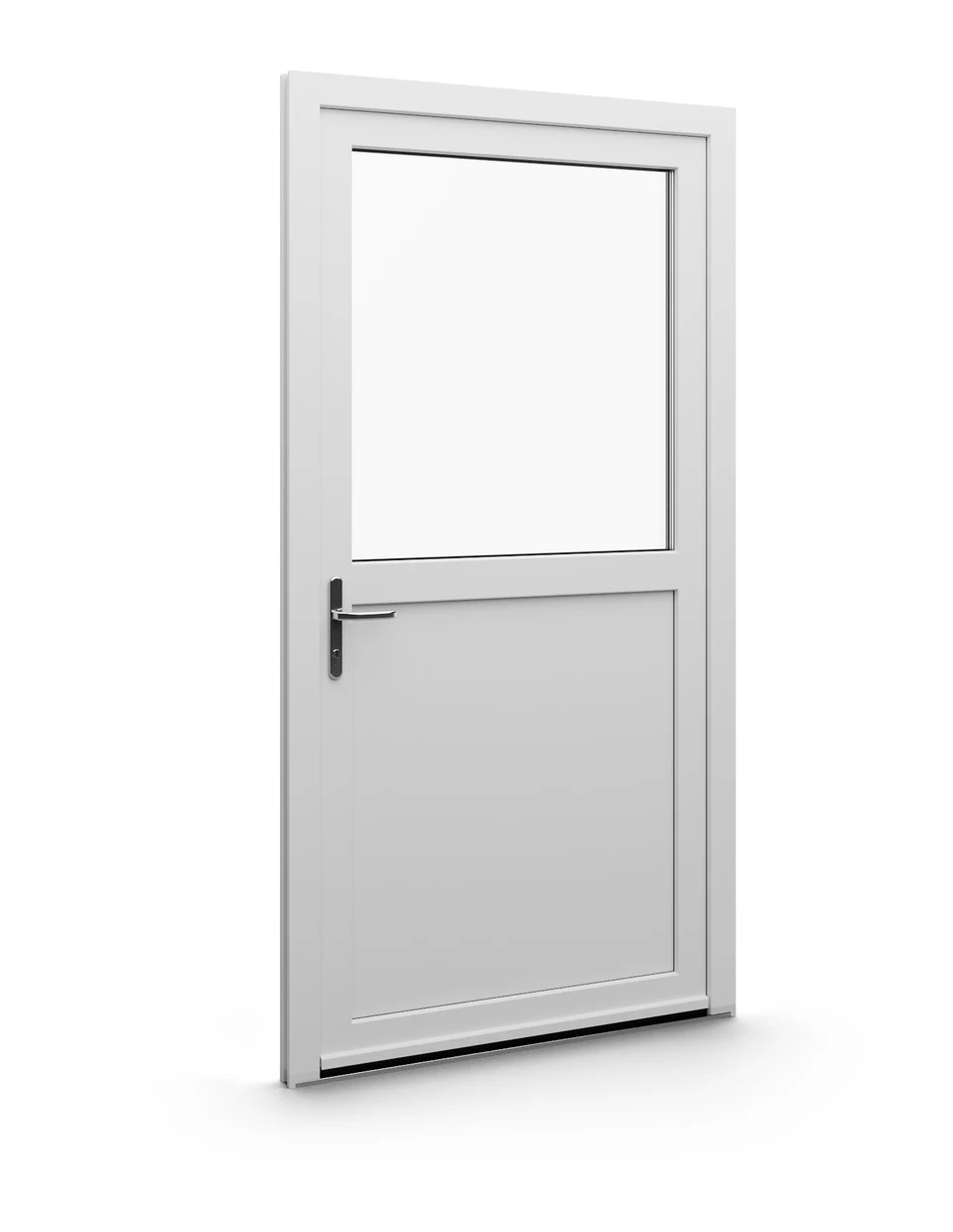 Eko-Okna kunststof buitendeur Model 04 met glas boven een dicht wit paneel