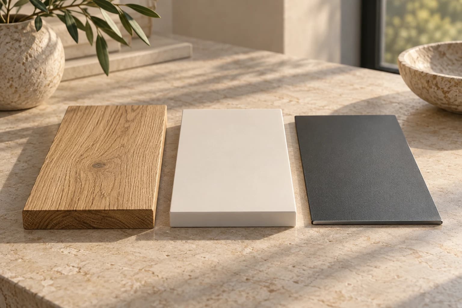 Een houten, kunststof en aluminium materiaalstaal naast elkaar in natuurlijk daglicht