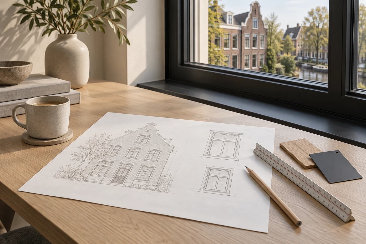 Een woningontwerp met materiaalstalen op een lichte houten tafel