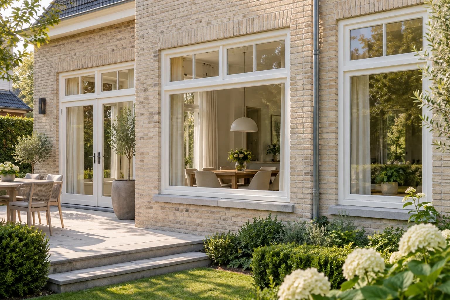 Sfeerimpressie van witte kunststof kozijnen en openslaande deuren in een lichte woning met tuin
